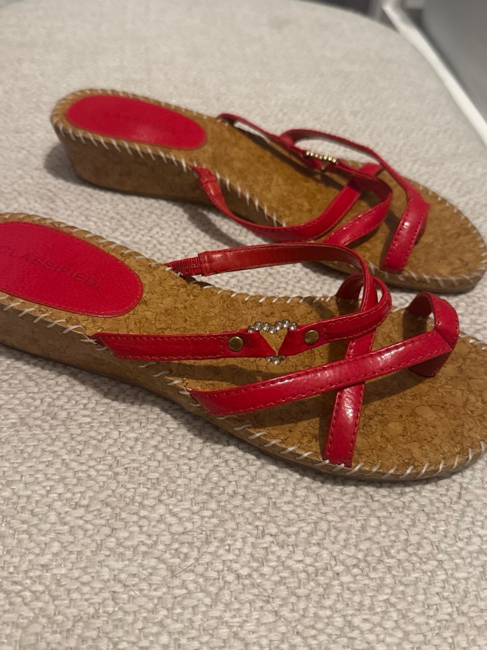 Classified Red Strappy Cork Wedge Sandals